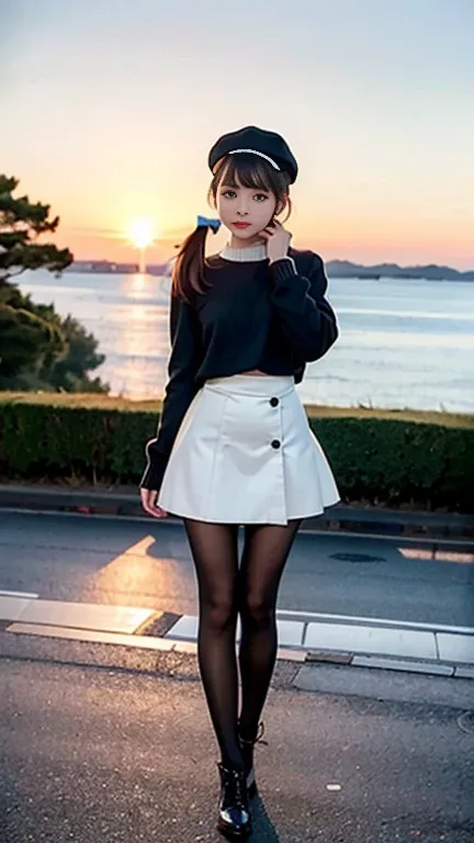 Thigh gaps, (((slim figure))),(((AKB 48))(Full body photo)), (sunset in the background))),(19 years old),(Small bust)))))), ((Wearing a hat deeply)))), (Long skirt)))), (Spring sweater)))), (Photorealism: 6, real)))), ((( Sideways and turning pose)),Perfec...