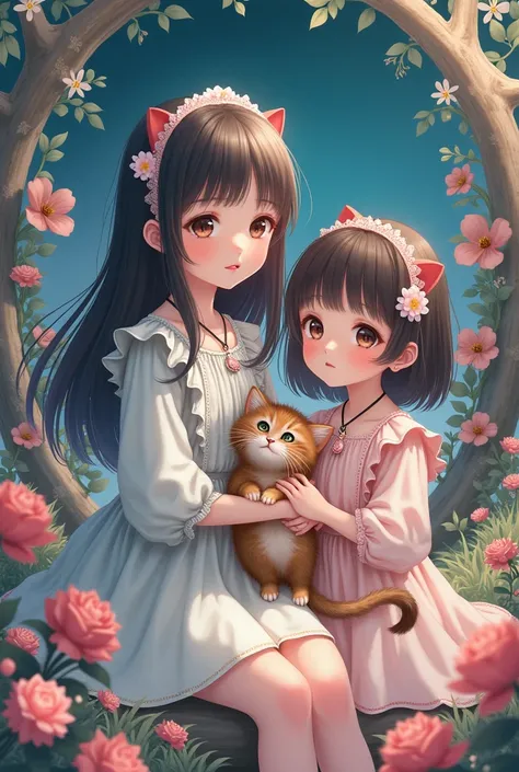 A highly detailed, hyper-realistic anime-style illustration of two young girls, one with a cat, in a surreal, dreamlike environment, with impeccable quality, exceptional detail, and vivid colors