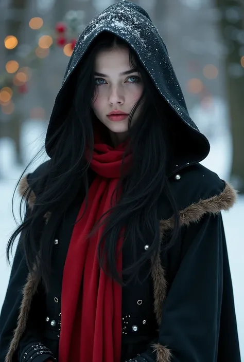  Female character Christmas clothes with a black head hood , And the loose, black hair 