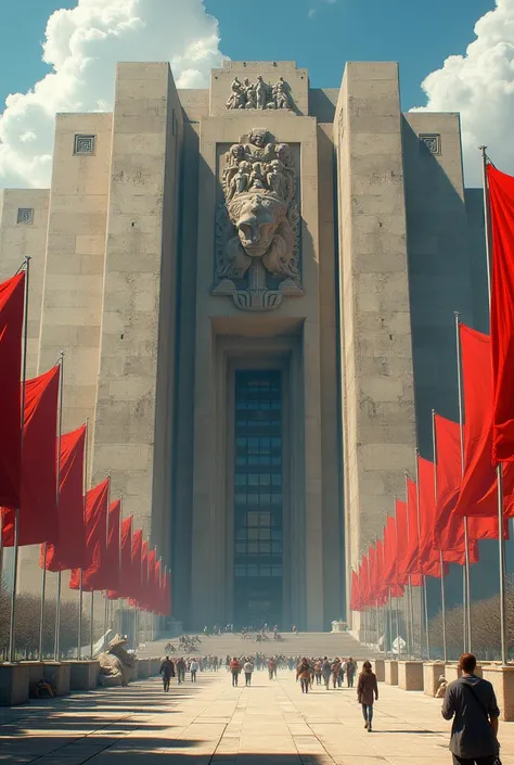 A massive brutalist palace with sharp geometric forms and large open plazas. The facade features sculpted bas-reliefs depicting workers and revolutionaries. The scene captures a monumental structure surrounded by banners and a huge grand entrance