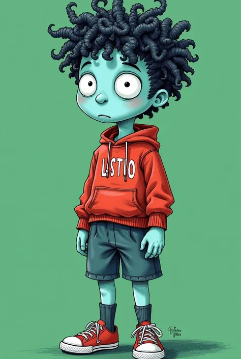 fictional character cartoon style mixed between tim burton and simpson: a boy from 11 to  with a big round head and dark circles mood is dark but colorful and vibrant. the boy wears snickers and socks and has light blue skin and curly hair that seems snake...