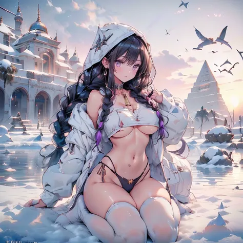 Full body Anime Ecchi Hentai Waifu girl from ancient Egypt,1girl,(large breasts:1.4),((((long twin braids,tight braids,long braid,braided hair,long hime cut,dark hair,black hair,colored inner hair)))),(((purple_eyes:1.3))),intricate eyes,beautiful detailed...