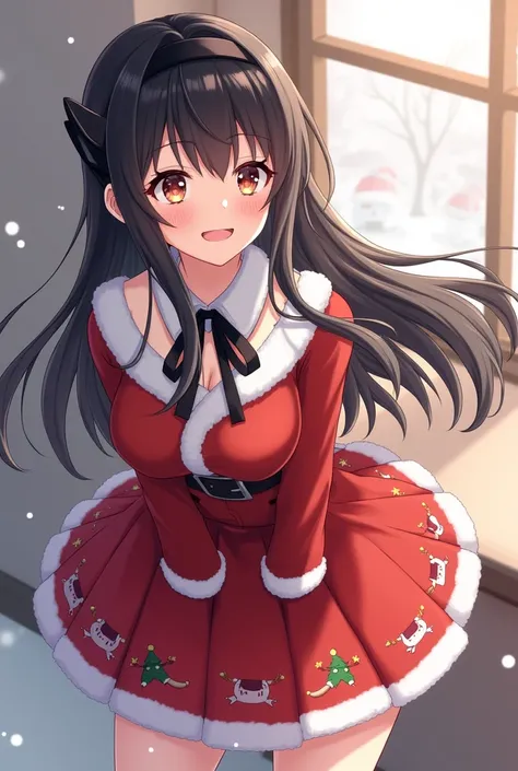 Female anime character Christmas clothing with a black headband , And the loose, black hair happy with a Christmas skirt 