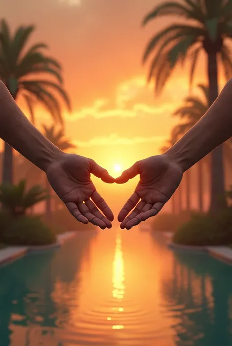  I would like a pair of hands that though they are getting closer ,are separated by a fine distance  , in the background being a sunset over an otas 