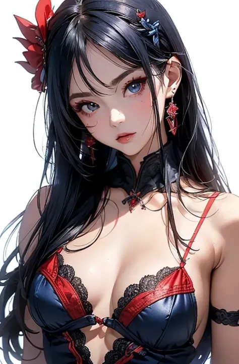   cool women、  sexy、Beauty.  ((Poke out your lips)).Kissing Face、(( small breasts)).Beauty、          yandere、       beautiful face、 face close-up 、  chest tattoo     、red blue lace 、((whole body)).((    random pose to take a picture of the front   )).