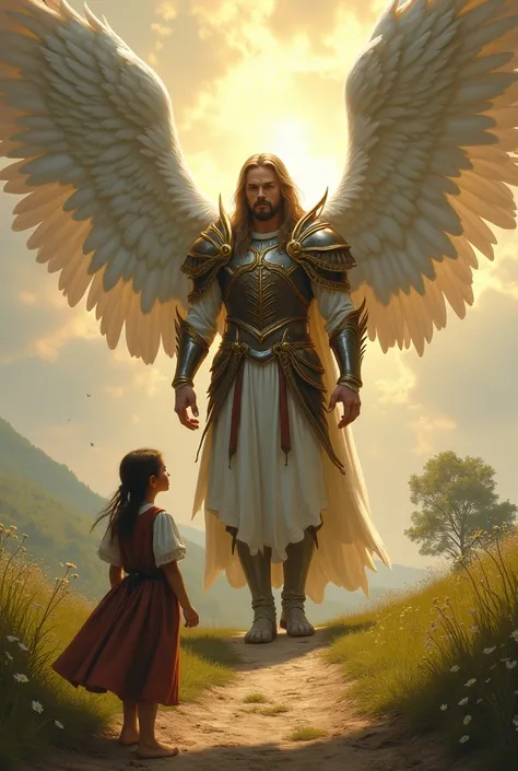 You have an innocent woman dressed as a peasant girl next to an angel warrior man with wings spread out staring at each other intently 