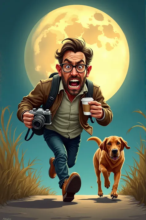 Semi-realistic caricature of a male with glasses running with coffee in one hand and camera in the other, next to a brown labrador dog with the phrase “estou atrasado!” And the moon in the background