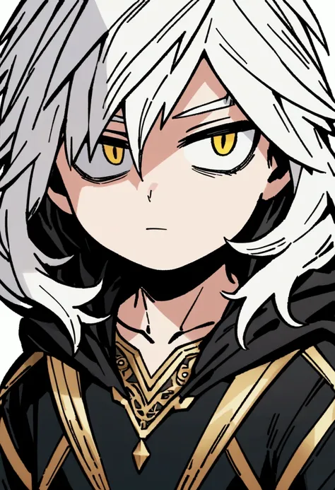 Boku no hero academia comic style screenshot of a chibi boy with white hair, messy and long, with dark locks golden slanted eyes, he has a calm and serious look. He wears soft black clothes with a hoodie with white and soft gold details, shirt long neck, w...