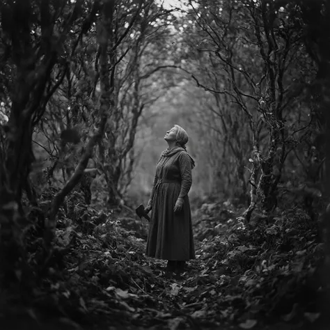 A black and white photograph in ultra-gloular shows a mature peasant woman in a dense and shadowed forest. Dressed in a rustic dress and a scarf on her head, she holds an axe and looks up with hope and determination. The soft light crosses the tall trees, ...