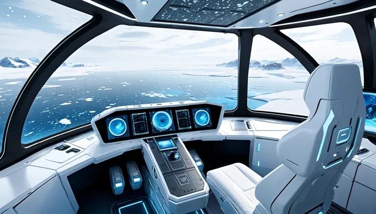 From the perspective of sitting in the pilots seat, the cockpit of the futuristic spaceship is sleek and minimalistic, with a white interior that exudes a sense of advanced technology. The control panel is illuminated with soft, glowing buttons and hologra...