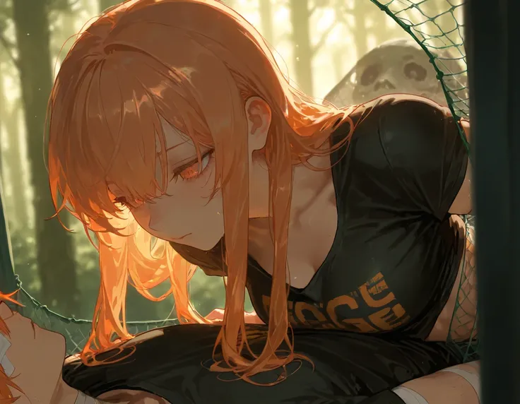 masterpiece, best quality, 1girl and 1boy, blurry background, forest zombie apocalypses, blacklighting, stuck in net, dangerous yet calm situation 

girl: fair skin, beautiful face, detailed light orange hair, shoulder length hair, slender body, detailed h...