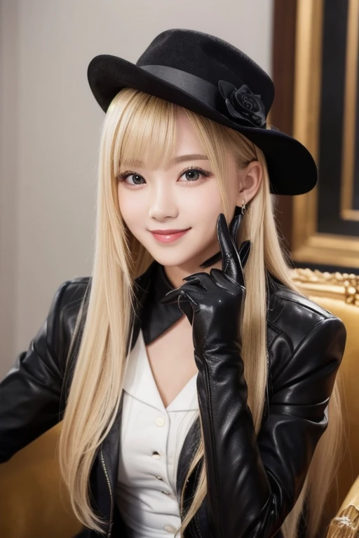 1girl, bangs, black gloves, black jacket, blonde hair, gloves, hair ornament, long hair, long sleeves, looking at viewer, sitting, smile, solo