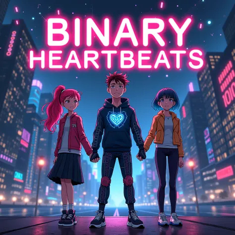 A shonen anime-style thumbnail featuring the title "Binary Heartbeats" in neon, cybernetic letters. The background is a futuristic cityscape with tall skyscrapers and neon lights. In the foreground, a group of three friends, consisting of one boy and two g...