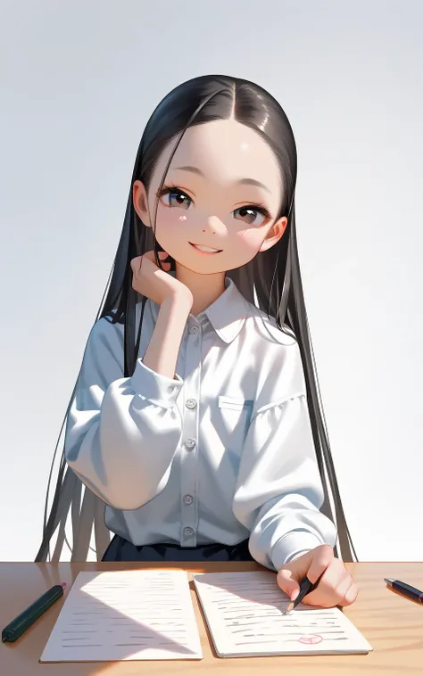 masterpiece,best quality,ultra-detailed,super detailed skin,perfect anatomy,detailed,beautiful detailed eyes,long hair,forehead,straight hair,black hair,black eyes,(loli:1.2),petite,flat chests,naughty face,
(teacher), simple background, illustration, 