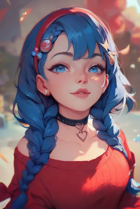 dark blue eyes, dark blue hair, braids hair, red hairband, choker, red sweater, blue skirt, hair ornament
