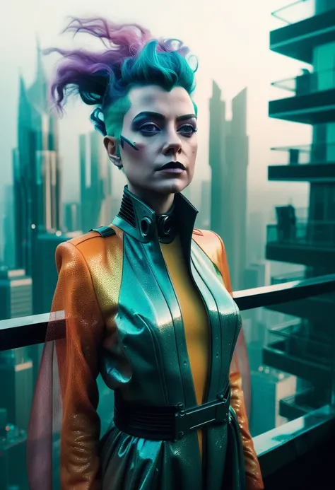 Fancy colors. a futuristic queen. , texture, film grain, skin pores:0.1 intricate dramatic portrait of a beautiful windblown scifi scientist standing on a balcony overlooking a futuristic (solarpunk)1.2 city, foggy morning, cinematic movie still frame, bla...