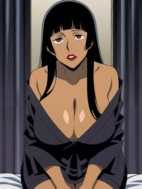 Jujutsu Kaisen anime screencaps style  an woman with long shiny straight hair black hair blunt bangs dark dark brown skin tone brown eyes big plump lips red lipstick wearing black bath robe wide hips big heavy chest skinny and thick score_9_up, score_8_up,...