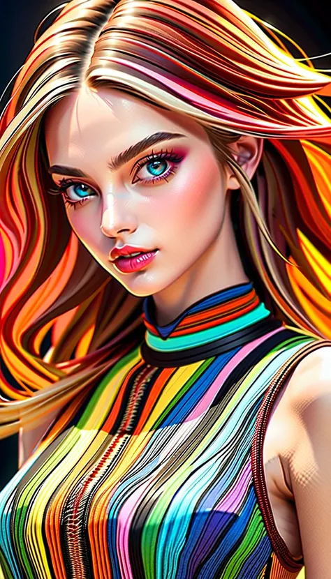 1 fashion model walking a catwalk, HDR raw photo, photo realistic,  colorful gradation fashion ,  Seamless Blend , Marble patterns and stripes ,  full spectrum multicolor ,  make full use of Super Retinas features ,  dramatic 4D rendering that stimulates a...