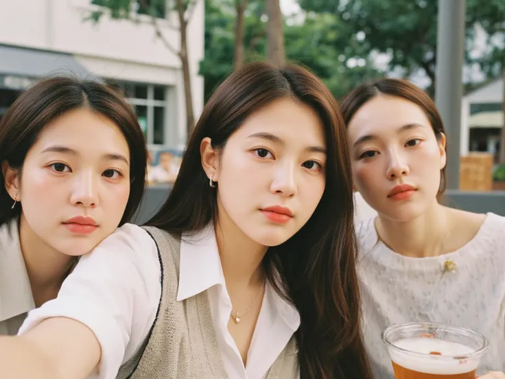 At noon in autumn, a 28-year-old female CEO and two friends were drinking afternoon tea at an outdoor seating in Miami, taking a selfie from a first-person perspective. (Dark brown straight hair)