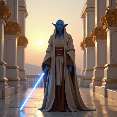  A blue-skinned humanoid woman  (Similar to a Twilek ) ( realistic ).  wears gray and brown Jedi robes .  Holds a single-blade blue lightsaber .  She stands in the middle of a shiny earthenware path .  Surrounding her are luxurious ceramic columns and whit...