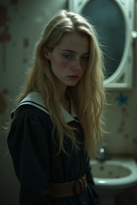  Portrait of a young woman with long blond hair, wearing old school uniform ,  with an expression of sadness and suffering .  The background is dark and blurry ,  suggesting an old and abandoned bathroom .