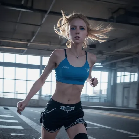 a running beautifull  skinny girl, blue eyes, blond air, punk-core streetwear, barrens context, cinematic, photorealist, insane details, motion blur, ultra-realistic half-body portrait shooted by Ray’s-Corrupted-Mind 9:16 --v 6.1