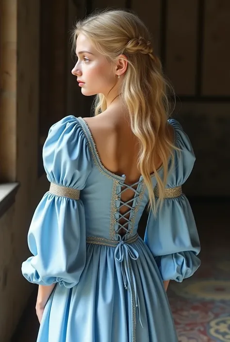  create a medieval light blue dress, From a blonde maid companion now do the back of the dress 
