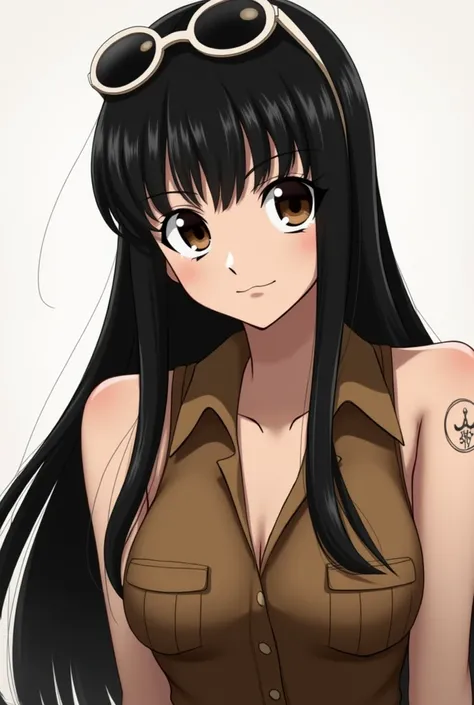 Hair: Nico Robin has long, straight black hair that reaches down her back. It is often seen flowing freely, although she occasionally wears it in a ponytail or braids.

Eyes: Robin has large, dark brown eyes. She is known for her calm and composed gaze, wh...