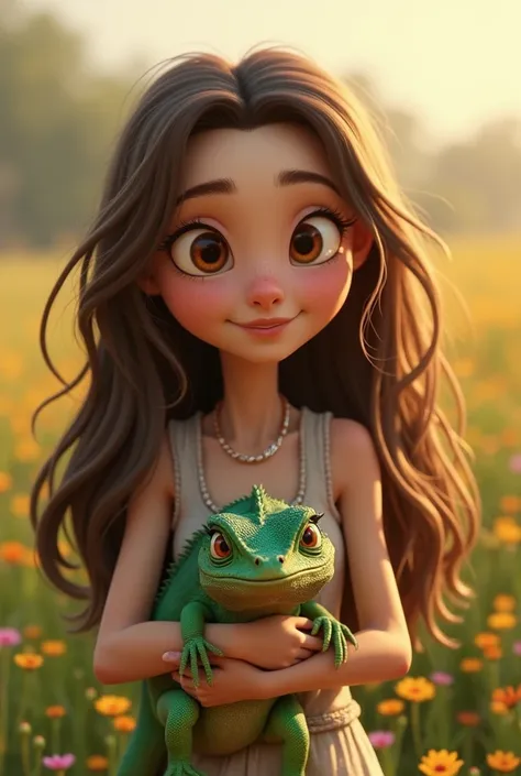 24 year old Disney girl, white test, light brown eyes smiling , very happy,  very thin  ,  long hair, broken, brown color, with dress, hugging a small green iguana ,  with a smiling Schnauzer dog,  in a field of flowers