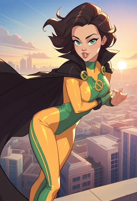 Latina, with light brown skin, adorned with long, wavy black hair and bright green eyes. Bodysuit, sexy, sun symbol, yellow costume, black cape, city, day