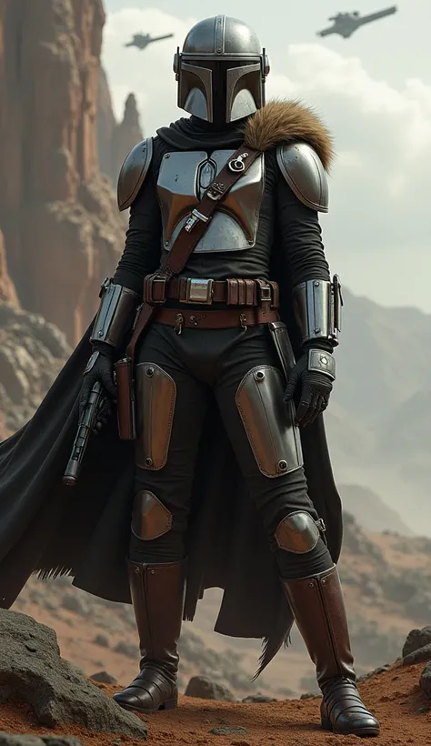 female mandalorian, mandalorian armor, mandalorian helmet, fur, cowboy shot, hc, imersive star wars backgound, 