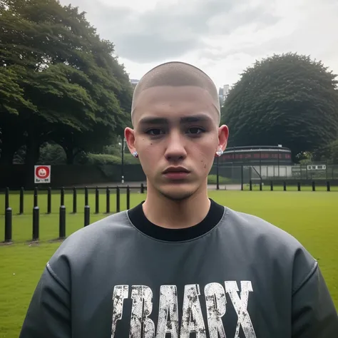 masterpiece, best quality, 1boy, 30 year old, chav, rough, dirty, Mancunian, mean, bully, druggie, skinhead, (park background), realistic, dramatic lighting, atmospheric, intricate detail