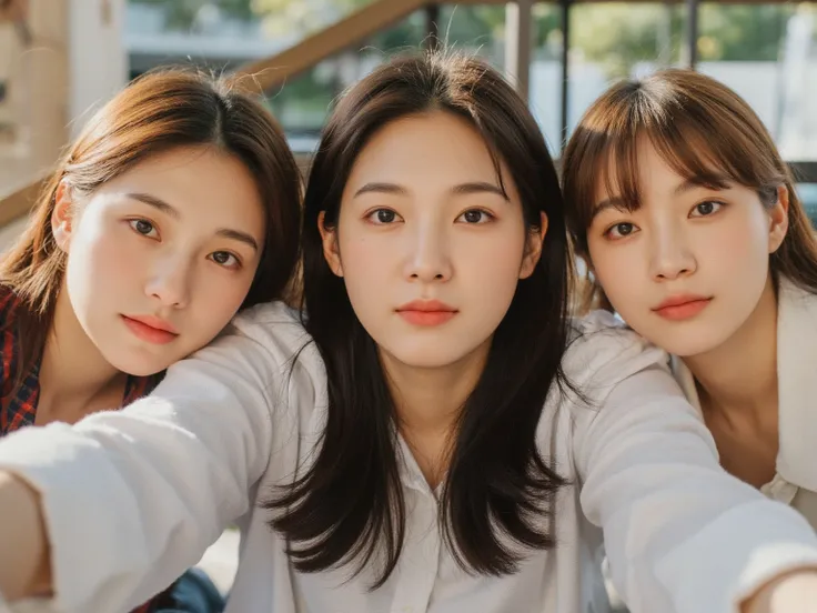 In an outdoor coffee shop in Miami on an autumn afternoon, a 28-year-old female CEO and two female friends took a selfie from a first-person perspective. (Dark brown straight hair)