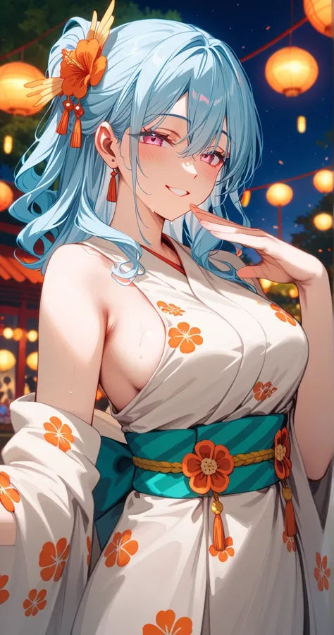 romancing saga 2, (half updo), pink eyes, light blue hair, hair ornament, black hairband, orange flower kanzashi,light orange yukata, emerald green obi, bangs between eyes
BREAK
25 year old woman、medium breasts,Moist eyes、Gentle eyes、Gentle look , blush,sm...