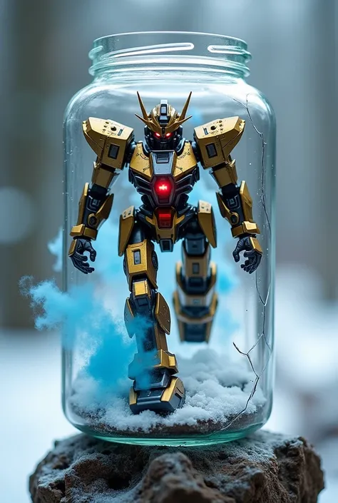 Cracked glass jar, Jar is held atop the snowy rock RIME ICE, meticulously crafted, contains miniature GUNDAM. blue smoke coming out of JAR, Gundam in motion, running at full speed on a sleek metallic track, dark, futuristic robot, intricate and polished go...