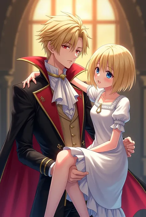 Anime is a white girl with short yellow hair and blue eyes. A handsome vampire with blonde hair and an elegant costume between his harsh features and admiration carries the girl because her foot is injured 