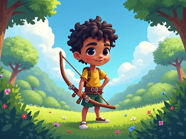 Create a character a young brown man with short curly hair,  black eyes and with an earring in an ear ,  on a lawn with a bow in her hand , in pixel art style with 3D 