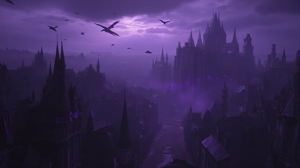 A medieval huge gloomy Gothic city hung with purple flags. There are crows in the sky. Dark purple lighting