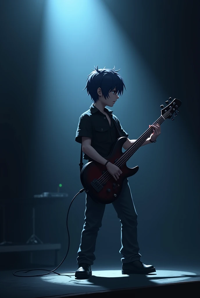 Rock guitarrist on a stage, one light in the center. Dark atmosphere. Short hair. Realistic cartoon. Very realistic. Very dim light