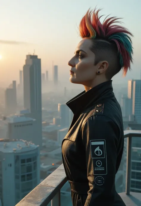 Fancy colors. a futuristic queen. , texture, film grain, skin pores:0.1 intricate dramatic portrait of a beautiful windblown scifi scientist standing on a balcony overlooking a futuristic (solarpunk)1.2 city, foggy morning, cinematic movie still frame, bla...