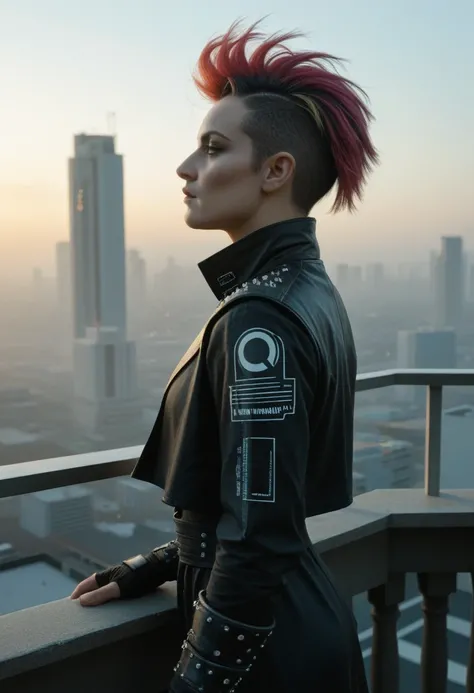 Fancy colors. a futuristic queen. , texture, film grain, skin pores:0.1 intricate dramatic portrait of a beautiful windblown scifi scientist standing on a balcony overlooking a futuristic (solarpunk)1.2 city, foggy morning, cinematic movie still frame, bla...