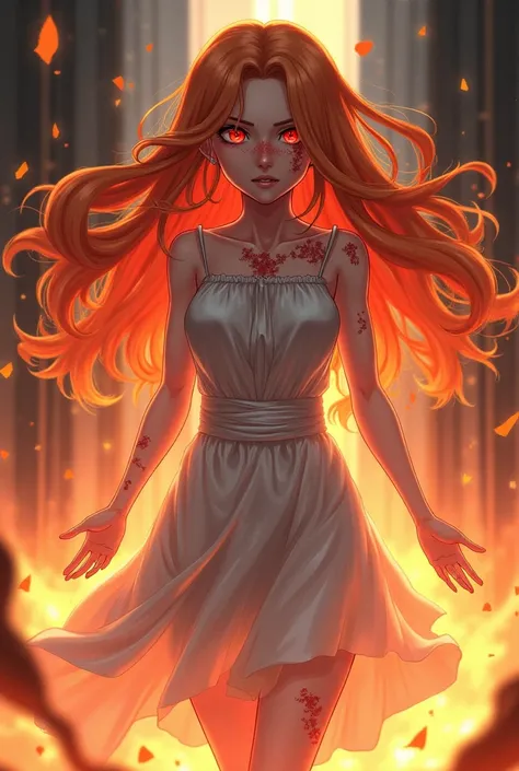  A woman with long orange hair.  with red eyes .  she has some scars .  anime style , attack on Titan. She is hurt . na neve.  she has an aura of power surrounding , she has powers in her hand .  She is wearing a white dress stained with blood.