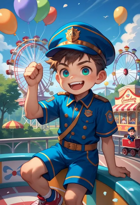 score_9, score_8_up, score_7_up, boy, shota boy, young male, cute, Lean, twink, chibi, hat, eroge, erótic clothes, amusement park, balloons, ferris wheel, roller coaster, uniform, crazy uniform, solo male, male focus.
