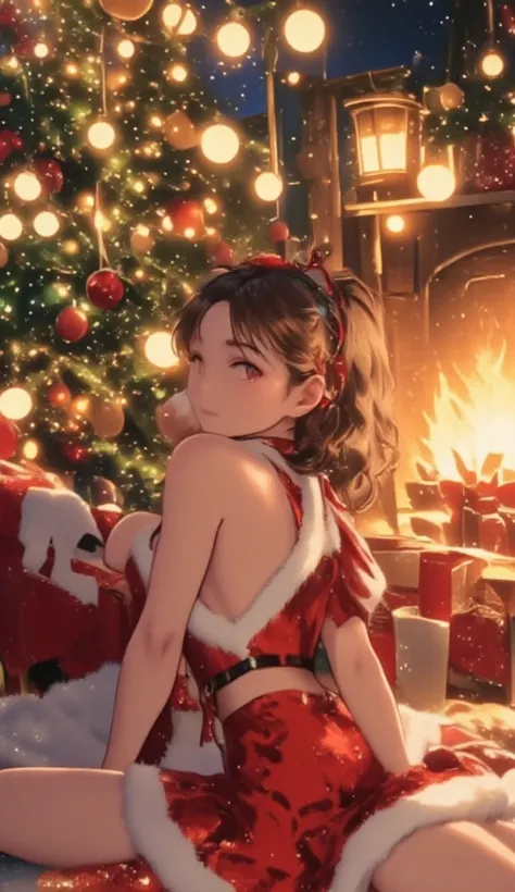 Anime Girl, A beautiful  young woman, Christmas babe, xmas, phone wallpaper, sexy, belly button, wide hips and narrow waist Christmas scene, lying on the ground, cinematic 