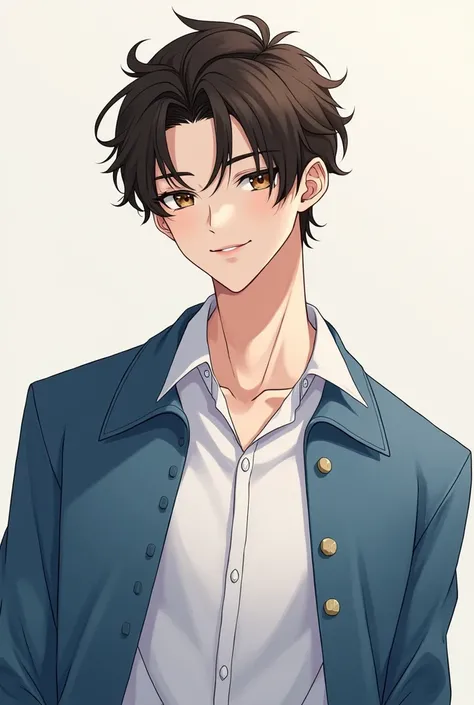  Generate a Manhwa style man with dark brown hair and white skin, white shirt and blue jacket and angelic and muscular face with a slim and very handsome build that is beta but who looks friendly