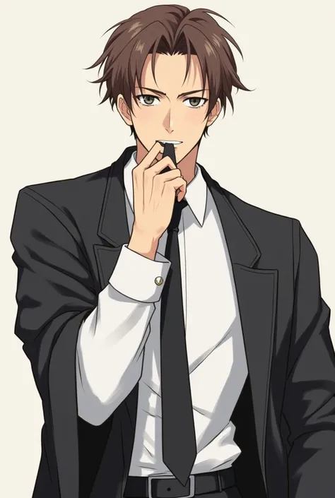 Anime man with tie, black haori, white shirt, brown hair. Correcting his sleeve. With stoic face he playfully bites his tie