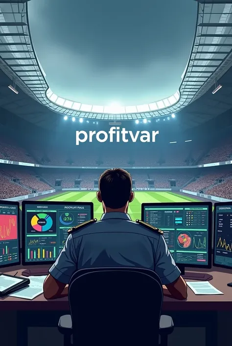 Logo of, a football betting room, officer studying football statistics and odds, facing a stadium with "ProfitVar" written inside