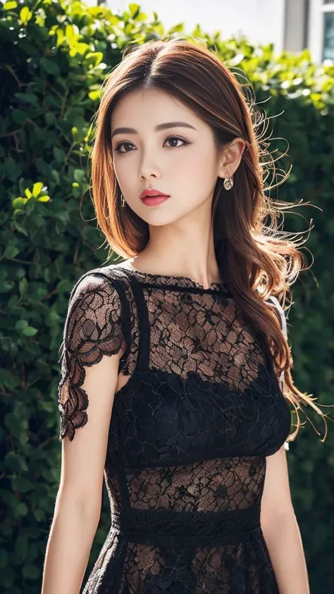  Digital Portrait 、 Realistic depiction of the human body、 RAW photos 、 One Girl 、gentle brown eyes 、  plump lips 、Crimson lipstick、Fatigue、 Big Breasts 、 shortcuts、((( Elegant Black Lace-like A-Line Dress、 Dense Artistic Lace Black A-Line Dress 、Beautiful...