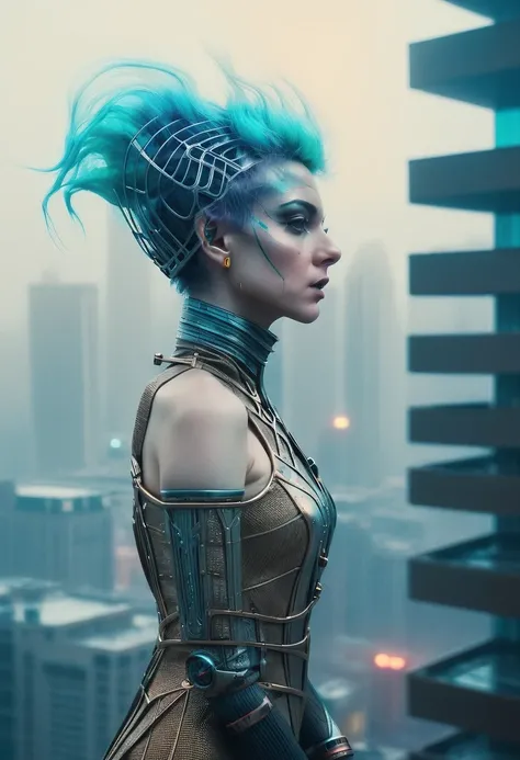 Fancy colors. a futuristic queen. , texture, film grain, skin pores:0.1 intricate dramatic portrait of a beautiful windblown scifi scientist standing on a balcony overlooking a futuristic (solarpunk)1.2 city, foggy morning, cinematic movie still frame, bla...