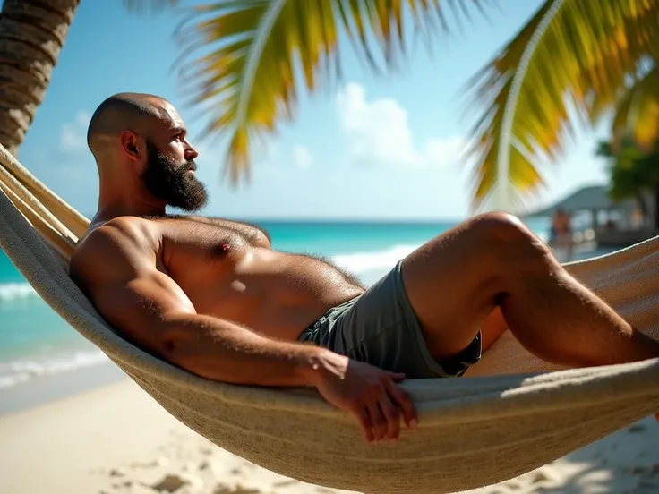 a full body shot of a powerful male figure dominates only the center of the side view of the frame, a full body view of this man standing at the edge of a hammock, his massive physique evident even from a distance having a little belly. The beard and shave...